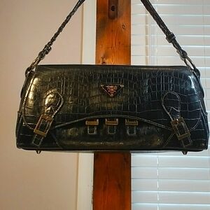 TRA Unlimited Black Crocodile Imitate Medium Hand Shoulder Bag Braided Strap